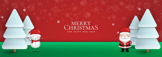 Merry christmas and happy new year christmas banner of santa claus and snowman