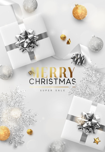 Merry Christmas and Happy New Year. Christmas banner, web poster, website for header. Holiday Design with realistic 3d decorative objects. Festive Xmas background. vector illustration