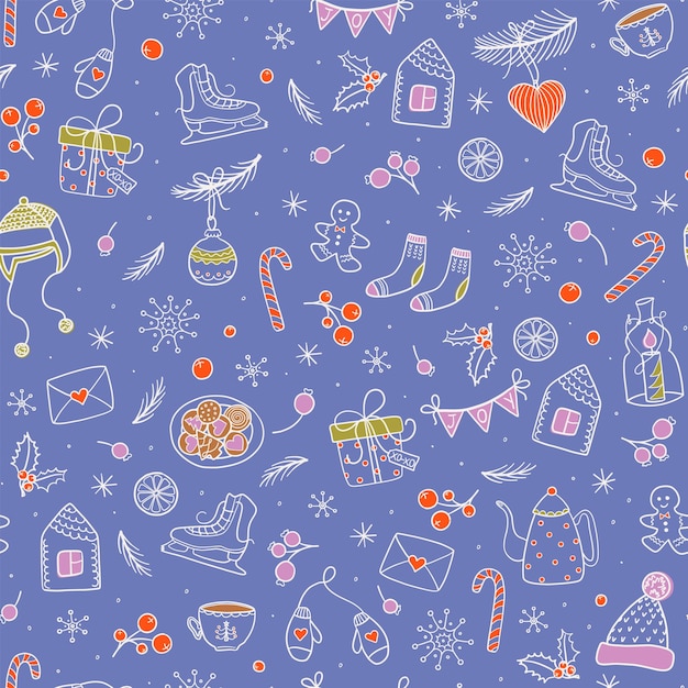 Merry Christmas and Happy New Year. Christmas hand drawn seamless pattern with symbols and icons.