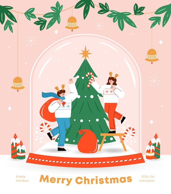 Buon natale e felice anno nuovo persone di natale e illustrazioni di paesaggi