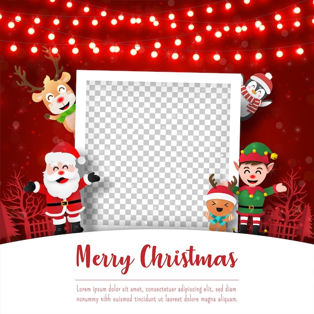 Buon natale e felice anno nuovo, cartolina di natale con cornice per foto con babbo natale e amici, stile di arte di carta