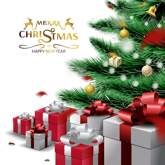 Merry christmas and happy new year, christmas tree branches and ornament background