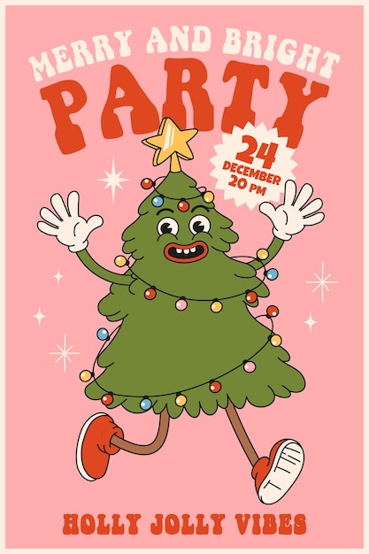 Merry Christmas and Happy New year Christmas tree in trendy retro cartoon style