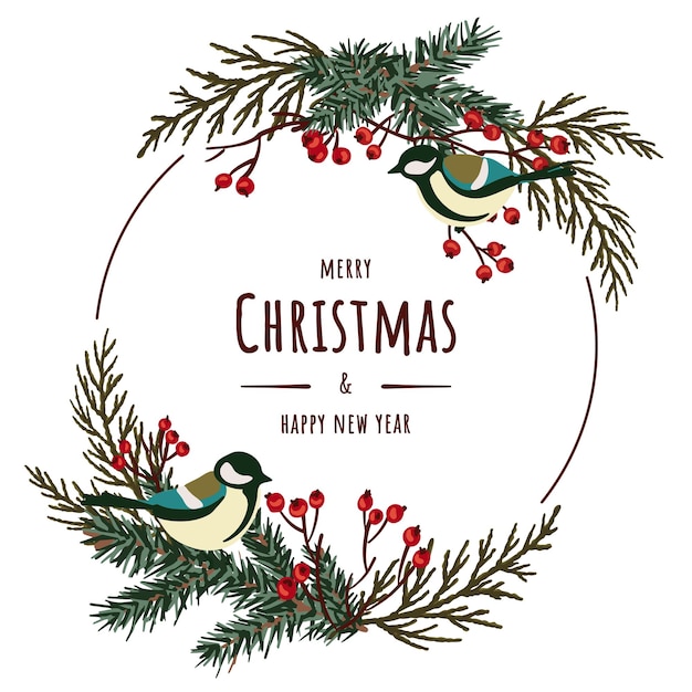 Merry christmas happy new year circular pattern with tit birds, christmas tree, thuja, red berries