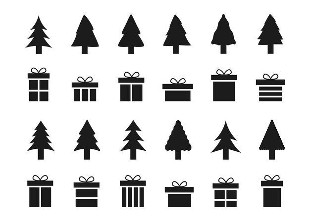 Vector merry christmas and happy new year collection of fir trees gift boxes and snowflakes