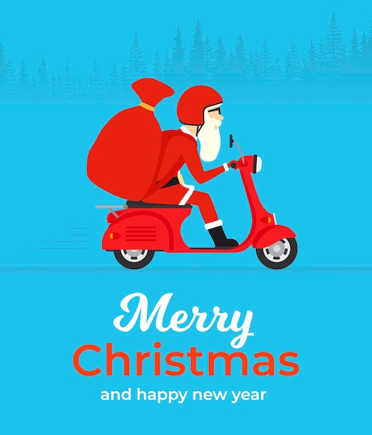 Vector merry christmas and happy new year concept design flat banner santa rides a motor scooter