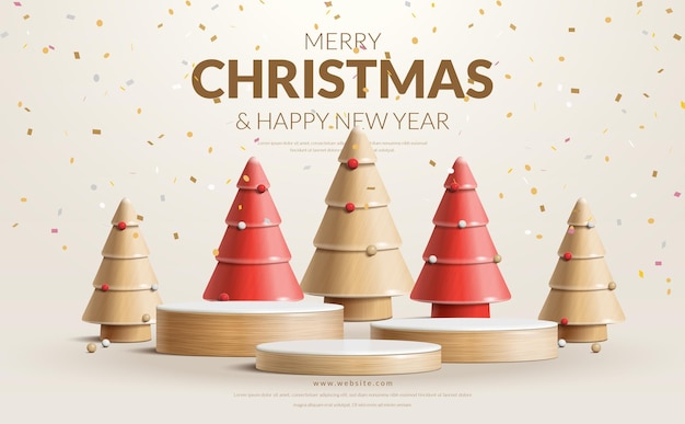 Merry christmas and happy new year concept three step wood podium with christmas tree