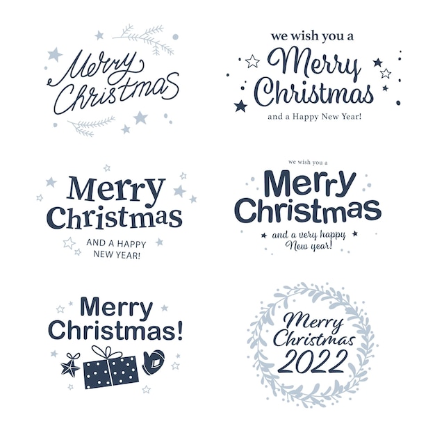merry christmas and happy new year congratulations designs with hand writing and holiday icons isolated. vector flat illustration. for cards, banners, prints, packaging, invitations, tags.