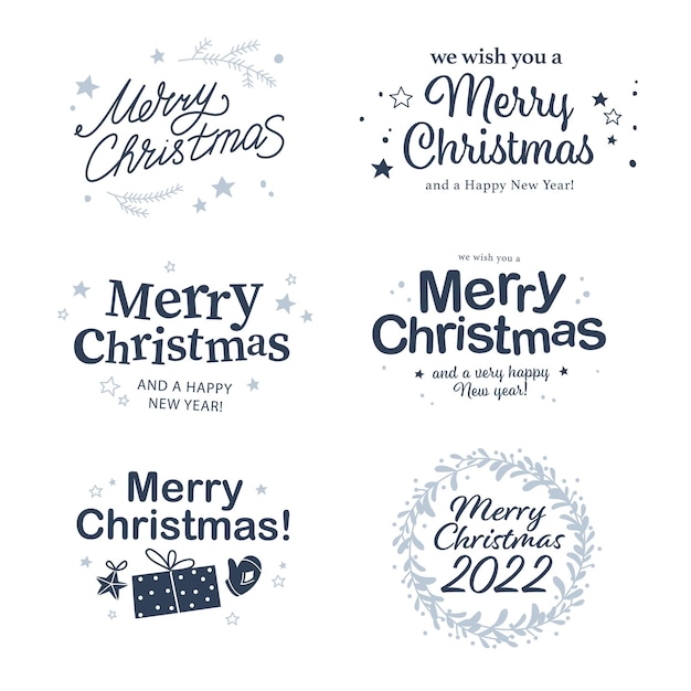 Vector merry christmas and happy new year congratulations designs with hand writing and holiday icons isolated. vector flat illustration. for cards, banners, prints, packaging, invitations, tags.