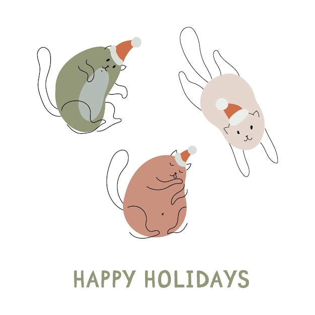 Merry christmas and happy new year cute cards for christmas fluffy cats in santa claus hats pet vector illustration