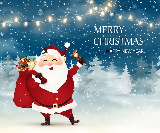 Merry christmas. happy new year. cute, cheerful santa claus with christmas bag full of gift boxes, present. jingle bell in christmas snow scene.