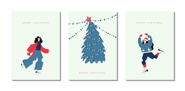 Vettore buon natale e un felice anno nuovo! carino capodanno e natale disegnati a mano cartoline di natale con albero di natale e personaggi delle donne pattinaggio su ghiaccio