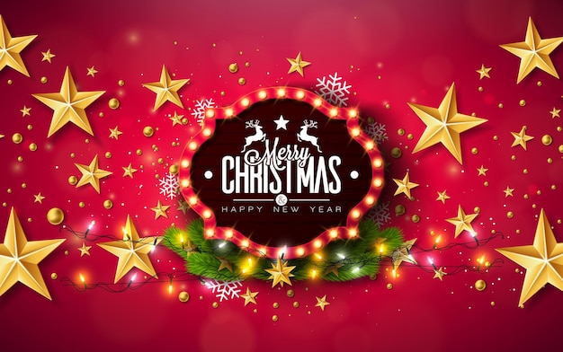 Merry christmas and happy new year desig with typography letter on light sign board and gold stars