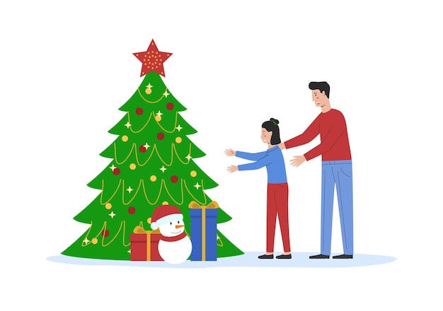 Merry Christmas and Happy New Year Father Preparing Surprise To Daughter Girl Closed Her Eyes In Front Of Decorated Christmas Tree With Gifts On The Floor Outline Linear Flat Vector illustration