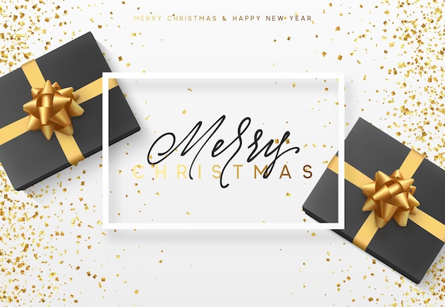 Merry Christmas and Happy new year. Festive background with Christmas gift box realistic 3d design. vector illustration