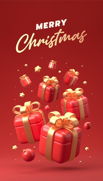 Merry christmas and happy new year festive composition colorful xmas background with realistic 3d trees and gift boxes vector illustration