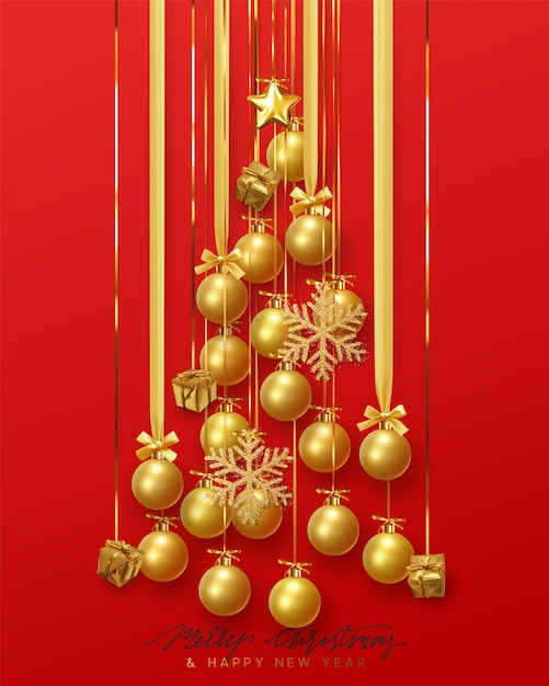 Merry christmas and happy new year. festive gold design shape of xmas tree, red background christmas golden balls hanging on ribbon, gift boxes and bright glitter snowflakes. vector illustration