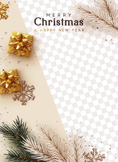 즐거운 성탄절 보내시고 새해 복 많이 받으세요. 축제 템플릿 표지, 소셜 미디어 스토리, 소셜 네트워크. 인사말 카드, 크리스마스 배너, 웹 포스터. 현실적인 선물 상자, 소나무 및 전나무 가지. 텍스트를 위한 공간입니다.