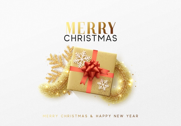 Vector merry christmas and happy new year. festive winter background with realistic 3d gift box, decoration gold tinsel garlands. xmas holiday. vector illustration