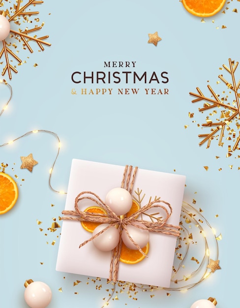 Merry christmas and happy new year. festive xmas design\
realistic gift box, decorative objects. flat lay top view. blue\
christmas poster, holiday banner, flyer, stylish brochure, greeting\
card