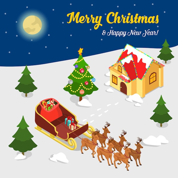 Merry Christmas Happy New Year flat isometry isometric concept web infographics leaflet flyer card postcard template Santa village house reindeer team sledge gift bag spruced fir tree