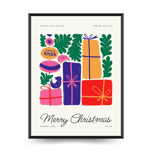 Merry Christmas and Happy New Year flyer or poster template Modern trendy Matisse minimal style