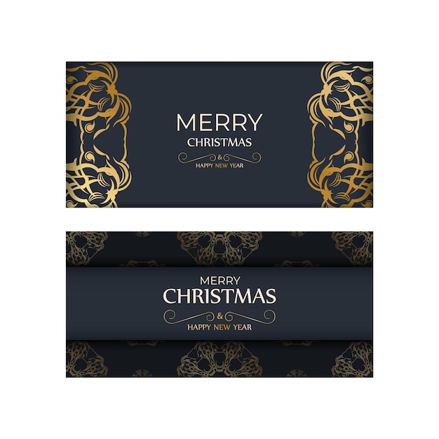 Merry christmas and happy new year flyer template in dark blue color with vintage gold ornament