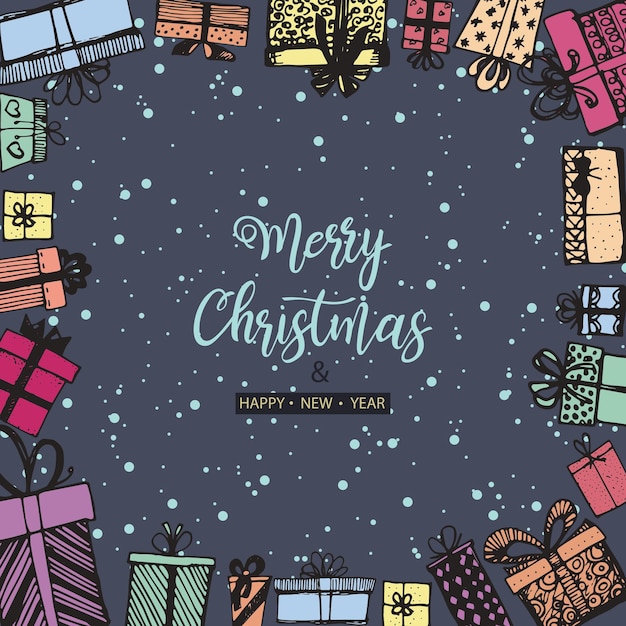 Merry Christmas and Happy New Year Frame made of gifts Hand drawn Vector illustration