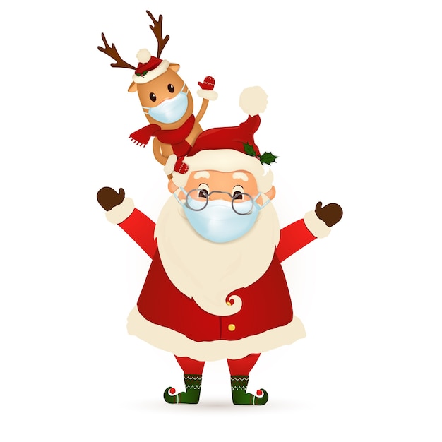 Merry christmas happy new year funny santa claus with cute reindeer