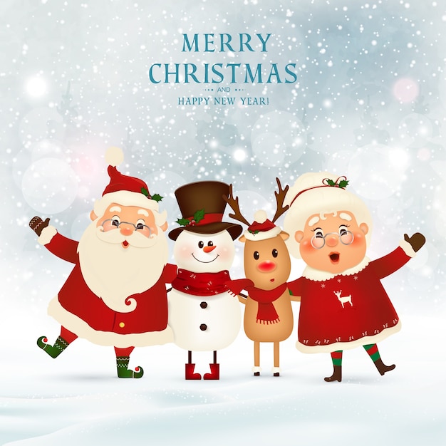 Merry Christmas. Happy new year. Funny Santa Claus with Mrs. Claus, red-nosed Reindeer, snowman in Christmas snow scene winter landscape. Mrs. Claus Together.  cartoon character of Santa Claus.