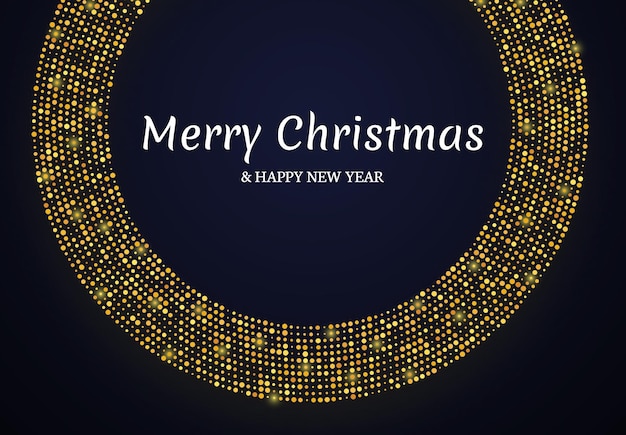 Merry Christmas and Happy New Year of gold glitter pattern in circle form Abstract gold glowing halftone dotted background for Christmas holiday greeting card on dark background Vector illustration