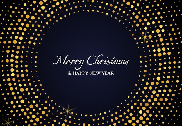 기쁜 성탄과 새해 복 많이 받으십시오. 금색 반짝이 패턴은 어두운 배경 벡터 그림에 있는 크리스마스 휴일 인사말 카드에 대한 추상 금 빛나는 하프톤 점선 배경입니다.