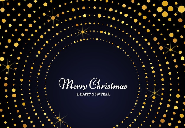 Buon natale e felice anno nuovo con motivo glitter oro a forma di cerchio. sfondo punteggiato di mezzitoni luminosi in oro astratto per la cartolina d'auguri delle vacanze di natale su sfondo scuro illustrazione vettoriale