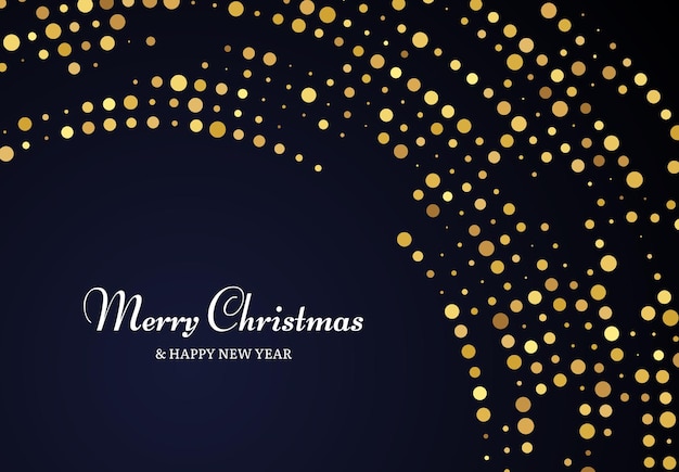 기쁜 성탄과 새해 복 많이 받으십시오. 금색 반짝이 패턴은 어두운 배경 벡터 그림에 있는 크리스마스 휴일 인사말 카드에 대한 추상 금 빛나는 하프톤 점선 배경입니다.