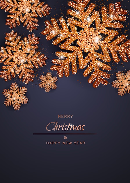 Merry christmas and happy new year gold snowflakes. Christmas background with Shining gold Snowflakes vertical background