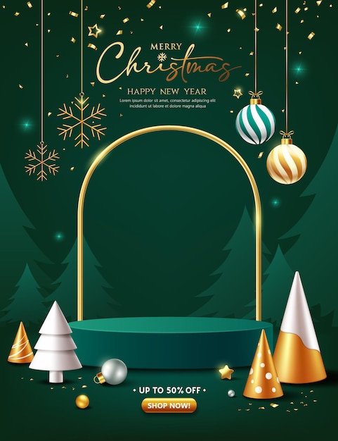 Vector merry christmas and happy new year green podium display ornaments poster flyer design