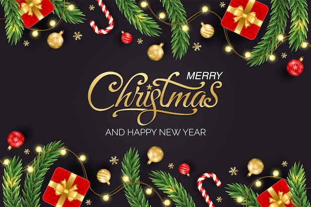 Vector merry christmas and happy new year greeting background with christmas branch balls snowflakes