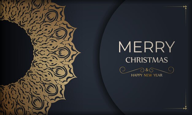 Vector merry christmas and happy new year greeting brochure template in dark blue color with luxury gold ornaments