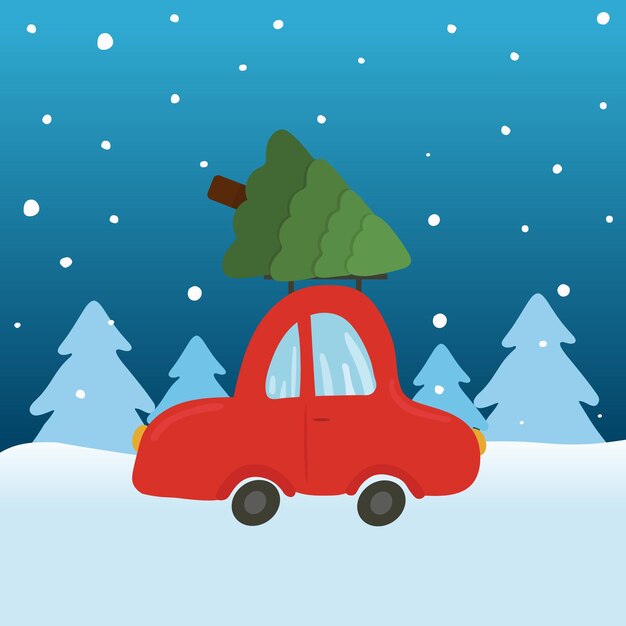 Vettore buon natale e felice anno nuovo saluto auto con auto con albero di natale sfondo invernale