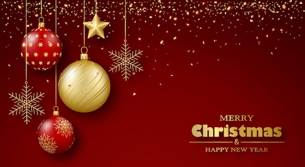 Merry Christmas and Happy New Year greeting card 3D realistic gold and red glass balls on ribbons