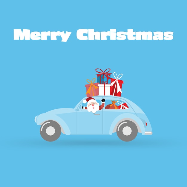 Fondo della cartolina d'auguri di buon natale e felice anno nuovo con auto e confezione regalo.