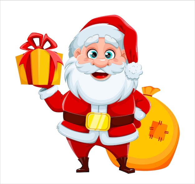 Merry Christmas and Happy New Year greeting card. Cheerful Santa Claus holding gift box. Vector illustration on white background