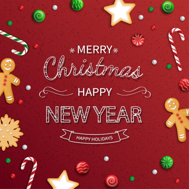 Merry Christmas Happy New Year Greeting card. Logo lettering with sweets, cookie, lollipops, candy