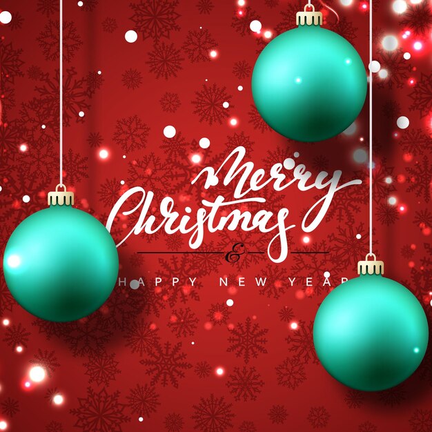 Merry christmas and happy new year greeting card. red background with christmas balls and snowflakes. hand calligraphy for xmas holiday greeting card design