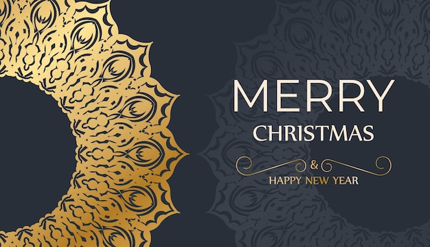 Merry Christmas and Happy New Year greeting card template in dark blue color with abstract gold ornament