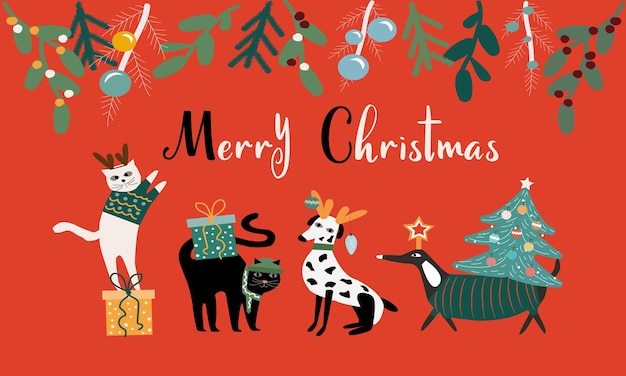 メリークリスマスとハッピーニューイヤーグリーティングカード ベクトルイラスト クリスマスに可愛い犬と猫