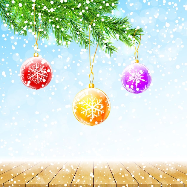 Merry Christmas and Happy New Year greeting card Winter background with fir branches colorful balls and wood table top Vector illustration