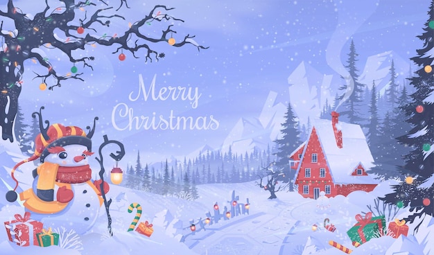 Merry Christmas and Happy New Year greeting card in winter forest