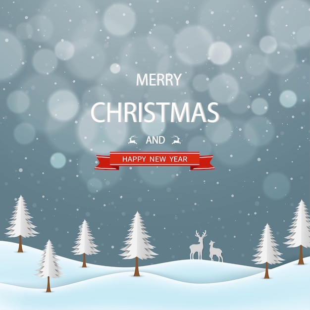 Merry christmas and happy new year greeting card,winter night landscape with text on gray background