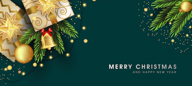 Merry christmas and happy new year greeting card with beautiful elements